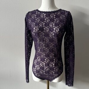 Purple‎ Sheer Floral Lace Long Sleeve Romantic Feminine Open Back Bodysuit M